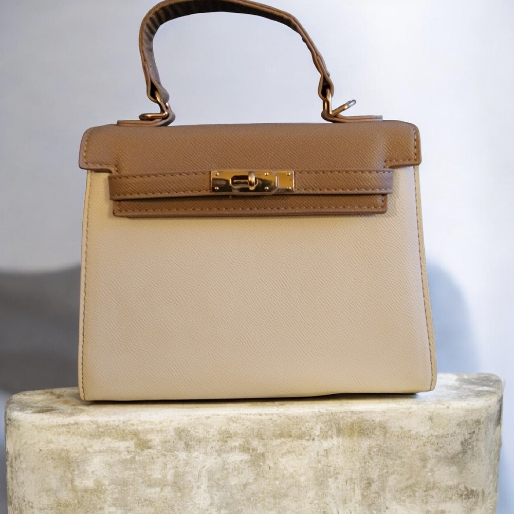 Classic Two-Tone Top-Handle Satchel - Beige and Tan